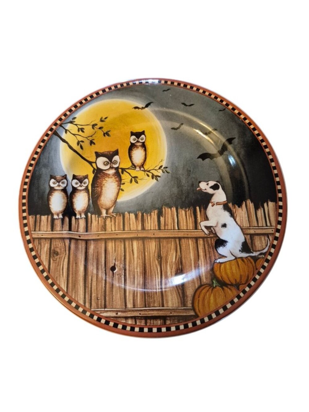 David Carter Brown Pumpkin Hollow Sakura Halloween Plate Owls On Fence Bats Dog